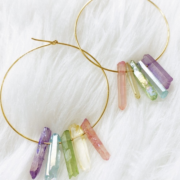 Hong hoop Boho rainbow crystal 14ct gold earrings